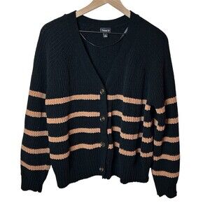 Torrid Chenille Cardigan Black Tan Brown Striped V-Neck Plus Size Sweater 1X